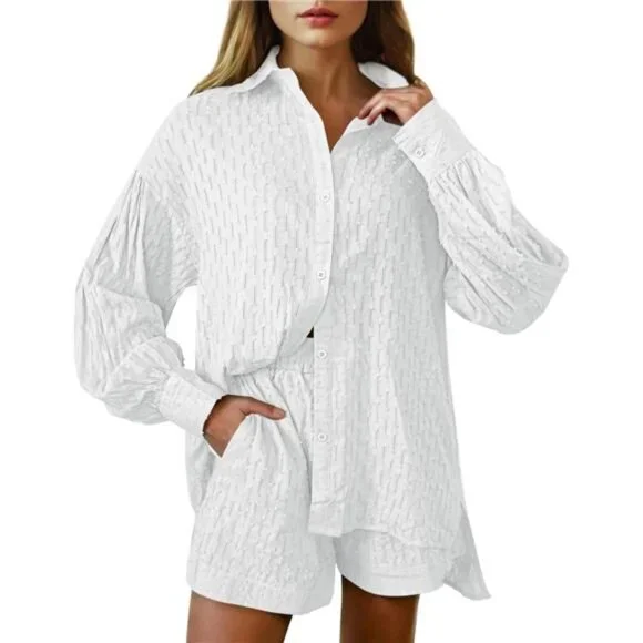 Women's 2 Piece Outfits Oversized Long Puff Sleeve Blouse Shirt High Waisted - Picture 1 of 7